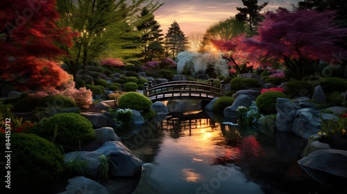 Japanese garden with pond, bridge and flowers at sunset, panorama © Iman