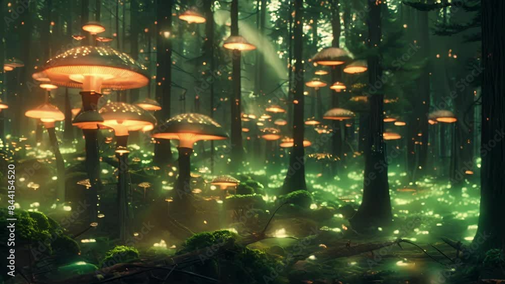 A dense forest in the Mushroom Kingdom where glowing fungi cover every inch of the ground casting an eerie greenish light. A dense forest in the Mushroom Kingdom where glowing fungi cover every inch of the ground casting an eerie greenish light.