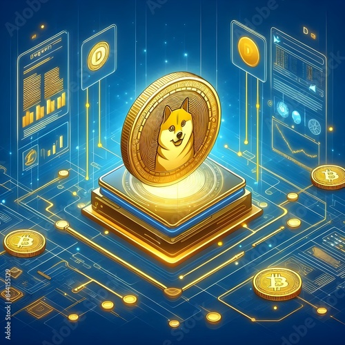 Dogecoin Cryptocurrency on Digital Pedestal with Financial Elements, A vibrant illustration of Dogecoin, a popular cryptocurrency, prominently displayed on a digital pedestal, surrounded by financial. photo