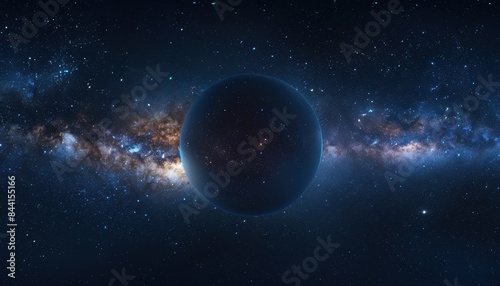 Stunning view of a mysterious planet against a backdrop of a vibrant galaxy with countless stars twinkling in the deep cosmos.
