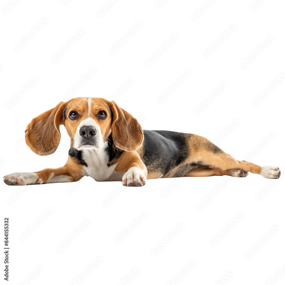 A Beagle lying down with a relaxed expression A Beagle lying down with a relaxed expression
