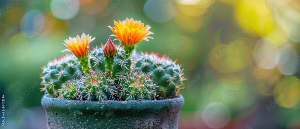 Vibrant blooming cactus with orange flowers in a pot against a soft, colorful background, showcasing nature's beauty and resilience. Vibrant blooming cactus with orange flowers in a pot against a soft, colorful background, showcasing nature's beauty and resilience.
