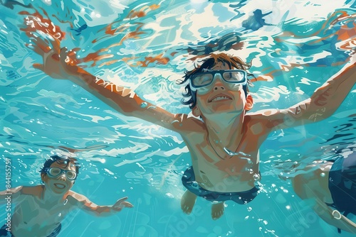 young boy swimming underwater with family in crystalclear pool capturing the joy and freedom of summer vacation digital illustration photo