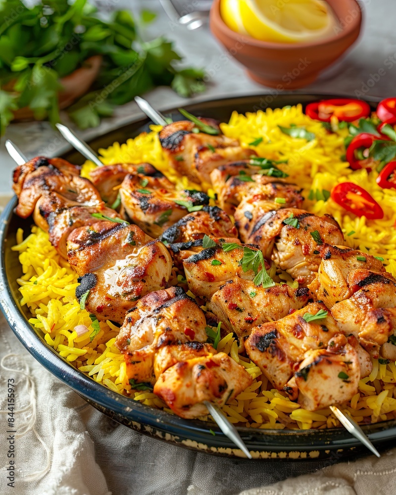 Chicken kebabs with a side of saffron rice Chicken kebabs with a side of saffron rice