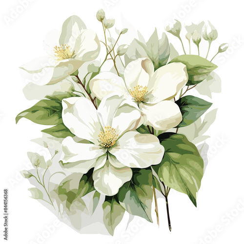 Watercolor gardenia flower, magnolia floral design on white background.
