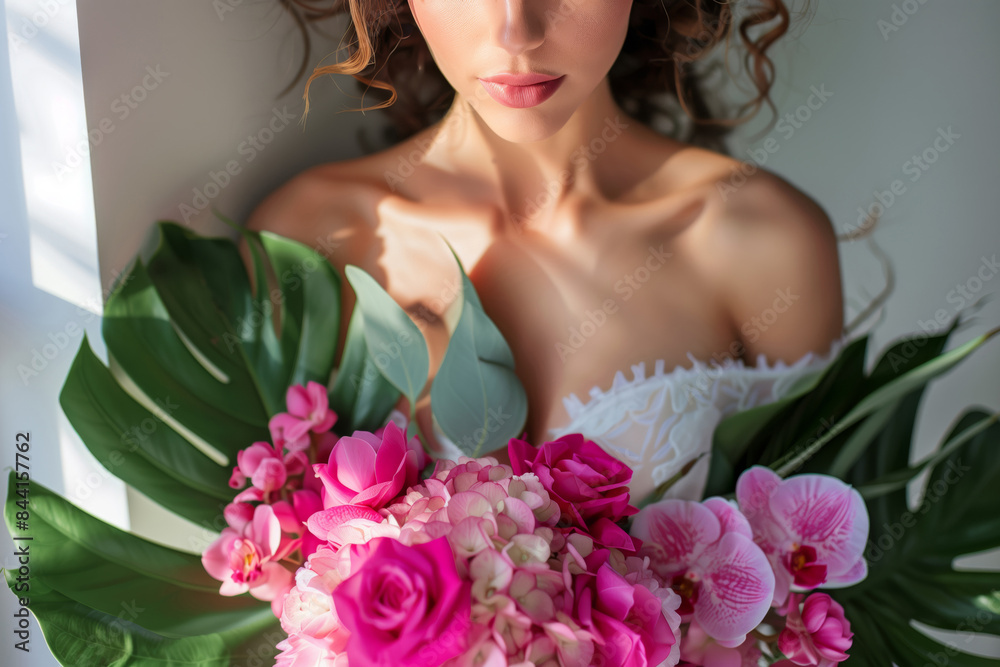 Naklejka premium Beautiful bouquet of pink roses, hydrangeas and tropical leaves in the hands of a bride in a wedding dress