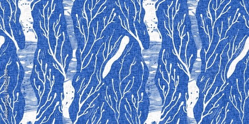 Whimsical seaweed kelp coastal electric blue beach pattern. Batik screen block print cloth effect. Playful kelp coral tropical summer background. Modern scandi underwater plant seamless design.