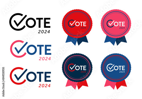 Vector set of vote democrat republican badge button banner pin. United States of America presidential election day 2024. Collection of American style, color, design. Donkey elephant political party.