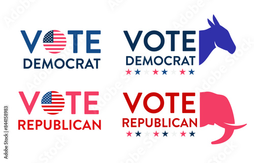 Vector set of vote democrat republican badge button banner pin. United States of America presidential election day 2024. Collection of American style, color, design. Donkey elephant political party.