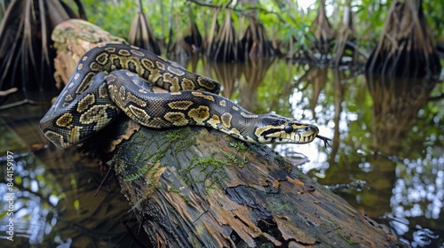 A Burmese python stretches along a tree trunk in a swamp, highlighting the natural habitat of this large snake. photo