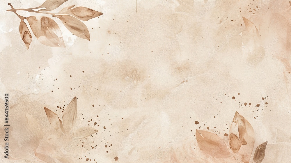 Painting of leaves and branches on a white background, with brown leafy edges, Generate AI. Painting of leaves and branches on a white background, with brown leafy edges, Generate AI.