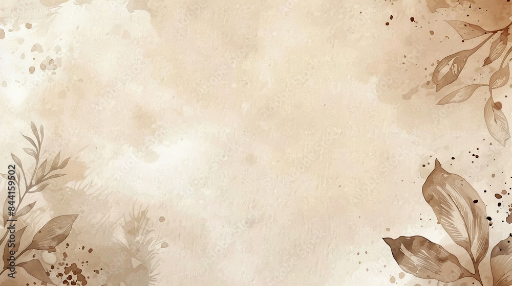 Painting of leaves and branches on a white background, with brown leafy edges, Generate AI. Painting of leaves and branches on a white background, with brown leafy edges, Generate AI.