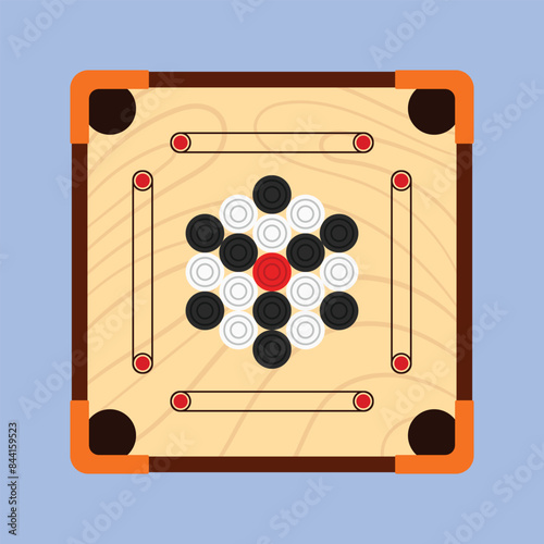 Wooden Carrom Board Game Vector Illustration Carrom game icon Indian carrom board game with pawn