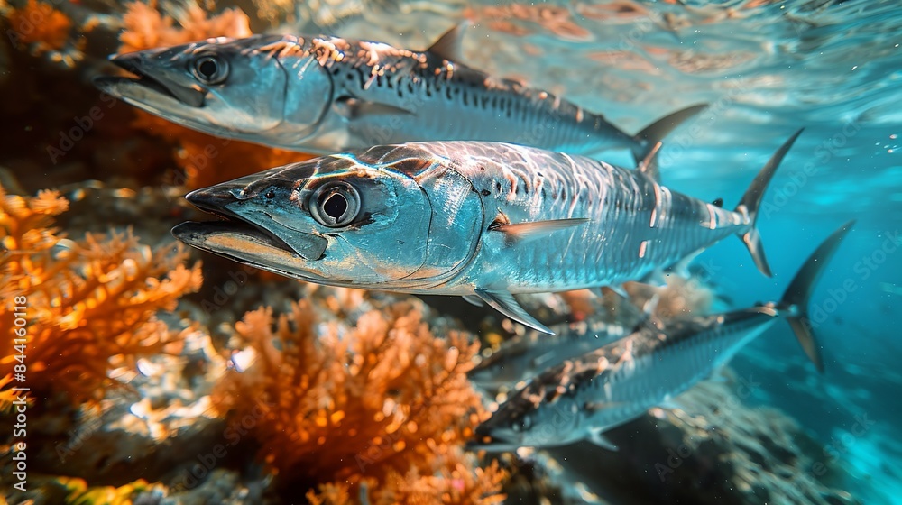 Fototapeta premium A dynamic underwater shot of a school of barracuda swimming past a coral reef, with their sleek, silver bodies glinting in the sunlight. Dramatic Photo Style,