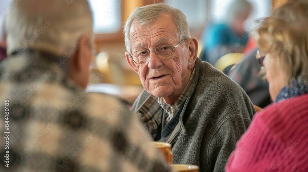 Elderly man engaged in discussion with peers at a retirement community gathering Elderly man engaged in discussion with peers at a retirement community gathering
