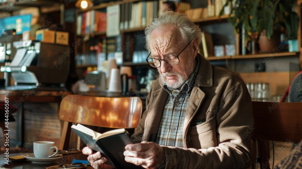 Elderly man engrossed in reading digital books on his e-reader at a coffee shop Elderly man engrossed in reading digital books on his e-reader at a coffee shop