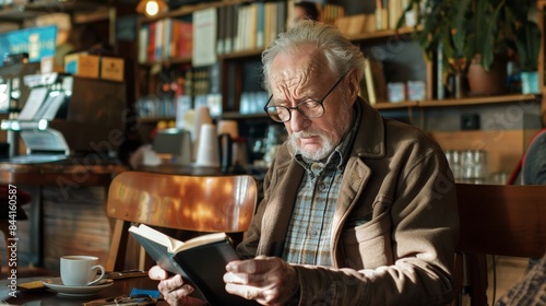 Elderly man engrossed in reading digital books on his e-reader at a coffee shop photo