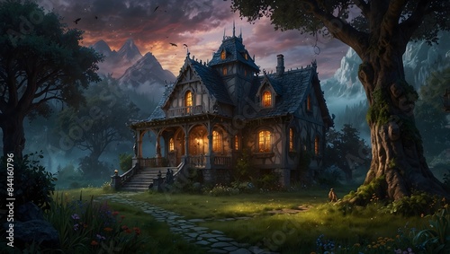 A fantasy realm where a big house serves as the gateway to other magical realms, guarded by mystical creatures ai_generated © Haroon