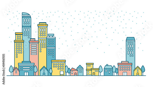 雪が降る都会のビルと街並みのパステルカラーのかわいい背景イラスト