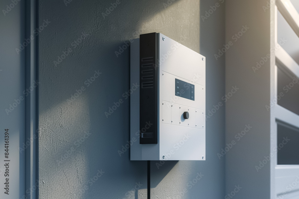 A white box with a black top is mounted on a wall A white box with a black top is mounted on a wall