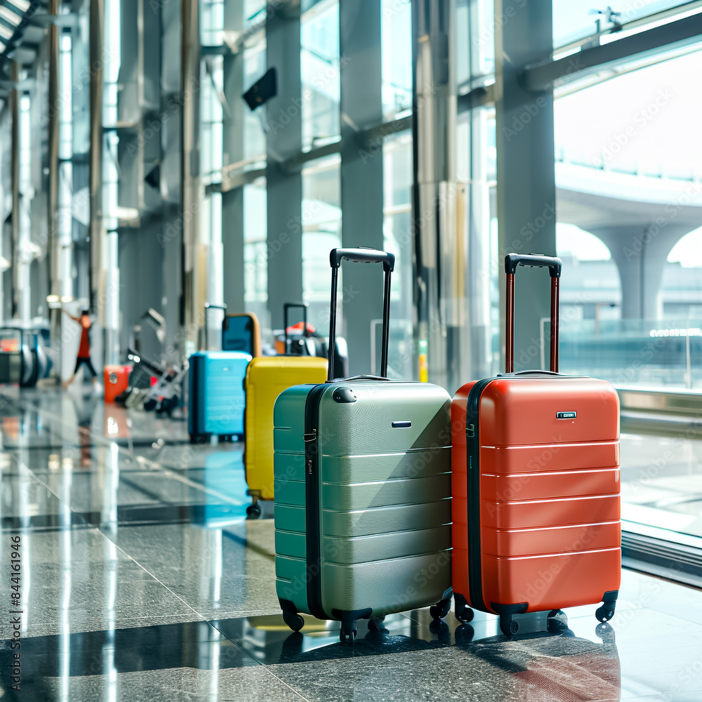 A row of suitcases are lined up on a tiled floor in a terminal A row of suitcases are lined up on a tiled floor in a terminal