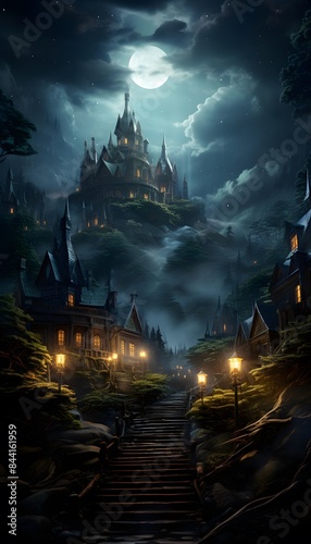 Mystical castle in the fog at night. Fantasy landscape. 3D rendering © Iman