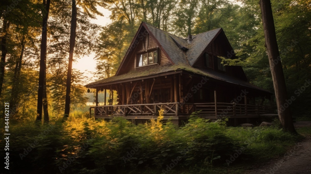 wooden house located in the middle of a green and lush forest. and has a dark brown exterior, with a steep green roof and a spacious terrace decorated with an elaborate wooden fence. wooden house located in the middle of a green and lush forest. and has a dark brown exterior, with a steep green roof and a spacious terrace decorated with an elaborate wooden fence.