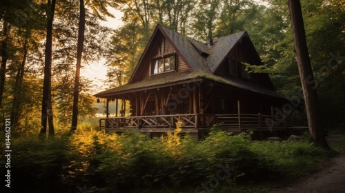 wooden house located in the middle of a green and lush forest. and has a dark brown exterior, with a steep green roof and a spacious terrace decorated with an elaborate wooden fence.