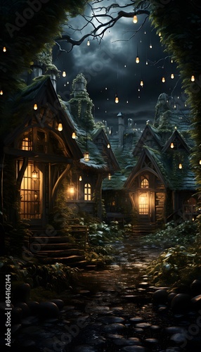 Halloween night scene with haunted house and moonlight. 3D rendering