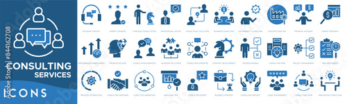 Consulting Services icon set. Advisory Support, Expert Guidance, Strategic Consultation, Professional Advice, Consultancy Solutions, Business Consulting and Management Consulting