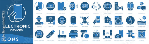 Electronic Devices icon set. Smartphone, Laptop Computer, Tablet Device, Smartwatch, Desktop Computer, Headphones and Digital Camera