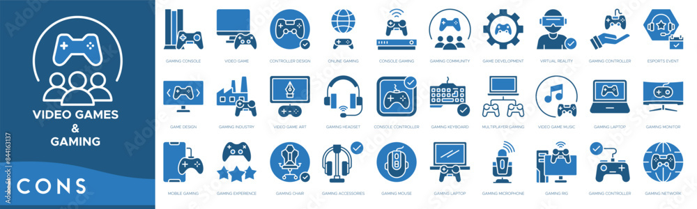 Video Games and Gaming icon set. Gaming Console, Video Game, Controller Design, Online, Console Gaming, Gaming Community, Game Development and Virtual Reality Video Games and Gaming icon set. Gaming Console, Video Game, Controller Design, Online, Console Gaming, Gaming Community, Game Development and Virtual Reality