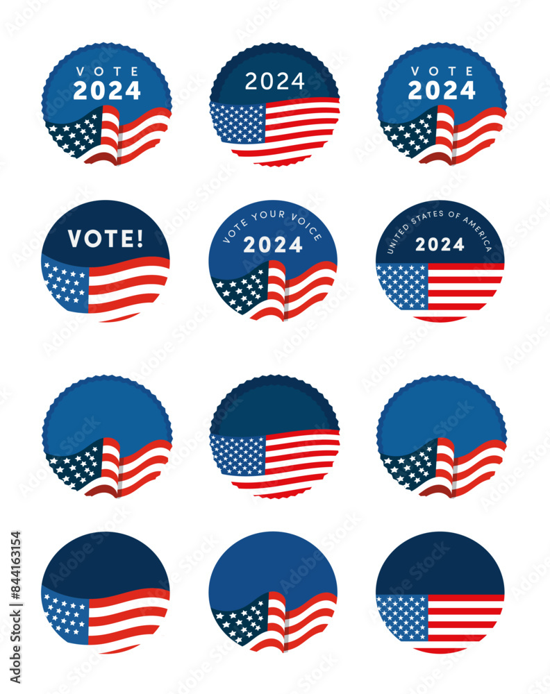 Vector set of vote democrat republican badge button banner pin. United States of America presidential election day 2024. Collection of American style, color, design. Donkey elephant political party. Vector set of vote democrat republican badge button banner pin. United States of America presidential election day 2024. Collection of American style, color, design. Donkey elephant political party.