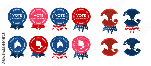 Vector set of vote democrat republican badge button banner pin. United States of America presidential election day 2024. Collection of American style, color, design. Donkey elephant political party.