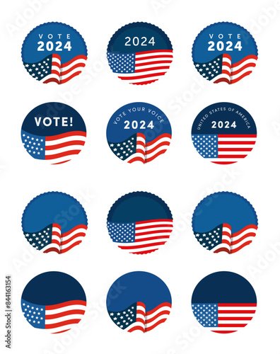 Vector set of vote democrat republican badge button banner pin. United States of America presidential election day 2024. Collection of American style, color, design. Donkey elephant political party.