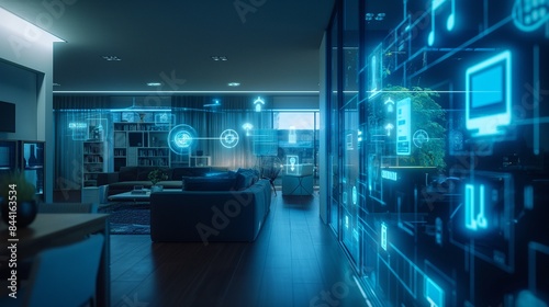 3D rendering of a smart home interior with digital icons representing technology and furniture, featuring an AI-powered security system in the background.  © AI VIEW