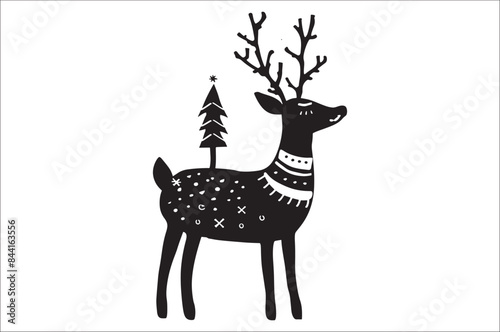 Christmas deer silhouette black vector art illustration. Raindeer silhouette vector.