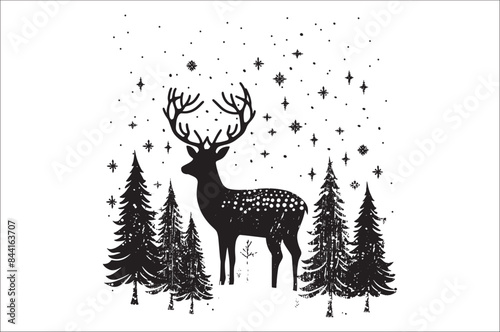 Christmas deer silhouette black vector art illustration. Raindeer silhouette vector.