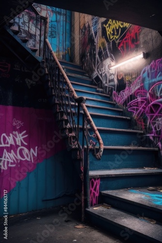 a broken stairway with graffiti on it in a dark alley