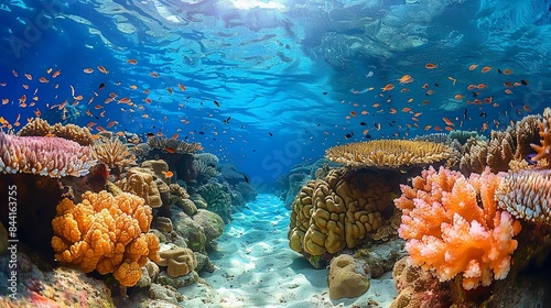 A mesmerizing underwater landscape with a sandy seabed leading up to a coral reef, where schools of fish swim in unison, creating a dazzling display. Dramatic Photo Style,