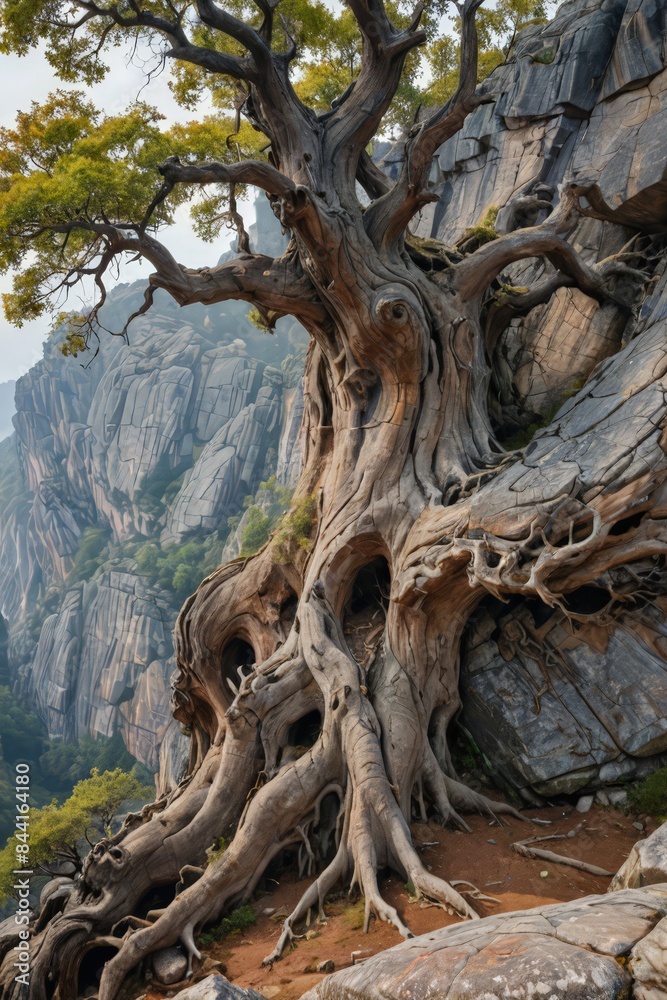 Obraz premium Ancient Tree Roots Growing on Rocky Cliff.
