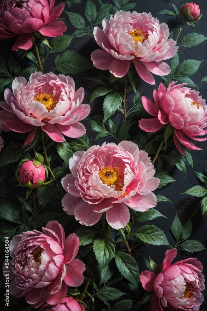 Fototapeta premium Pink Peonies with Green Leaves on Black Background.