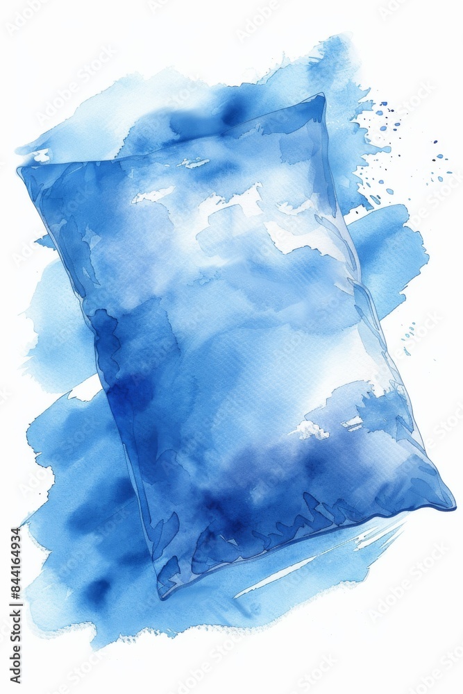 Obraz premium Aerial view of a chic memory foam pillow, sleek ergonomic shape, soft pastel-blue cover, watercolor illustration, fine brushstroke textures, sophisticated and calming aesthetic.