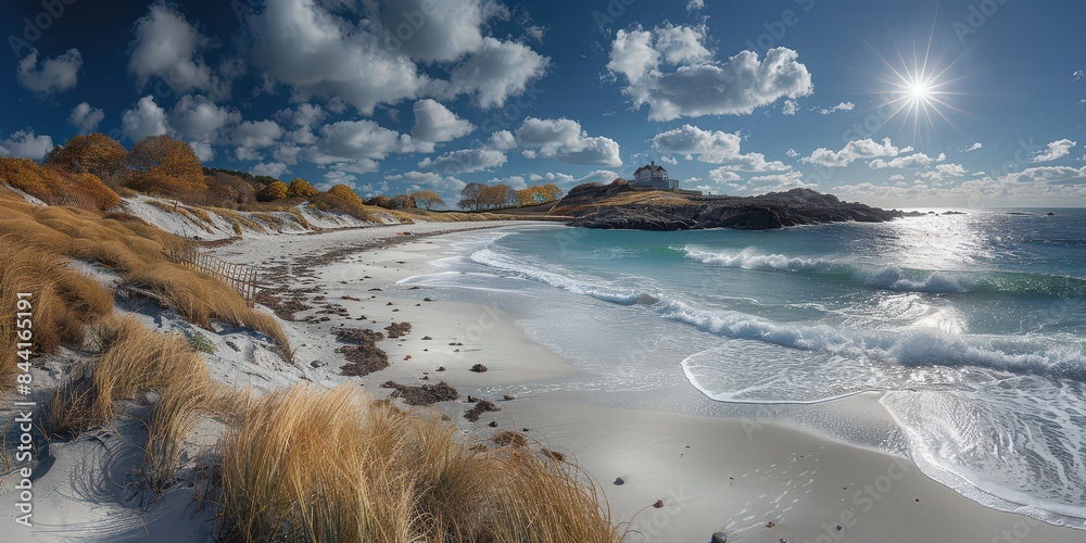 Stunning panoramic view of a serene coastal beach with rolling waves, white sand, and a bright sun shining through scattered clouds Stunning panoramic view of a serene coastal beach with rolling waves, white sand, and a bright sun shining through scattered clouds