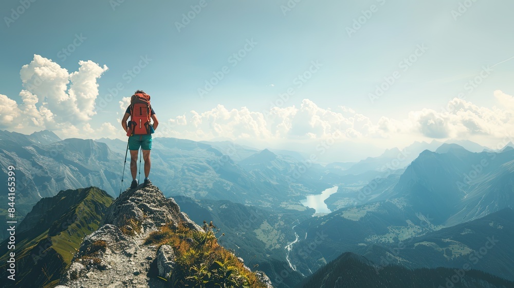 Obraz premium An adventurous backpacker standing on a mountain peak, overlooking a stunning valley, with a sense of achievement and freedom.