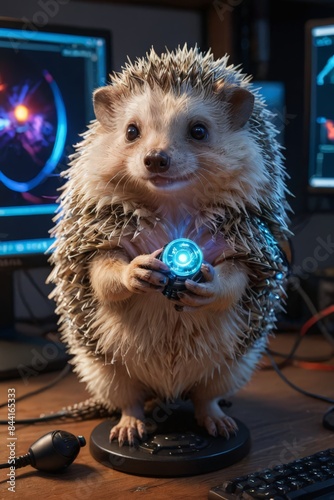 Hedgehog holding glowing orb on computer desk.