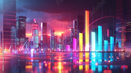 Featuring ascending bar financial growth graphs and pie charts in vibrant colors with a futuristic city skyline in the abstract background