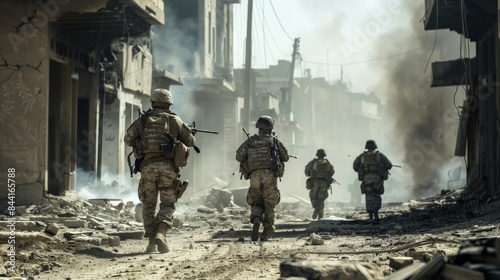 Special forces operatives moving stealthily through a war-torn city
