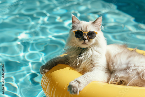 cute cat with sunglasses enjoying summer in swimming pool laying in inflatable tube, humour with summer vibes