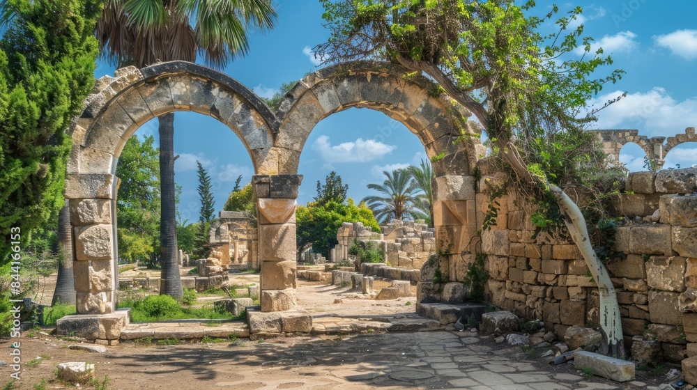 Beautiful arches in the remains of the ancient city and green trees with ruins along the main street Beautiful arches in the remains of the ancient city and green trees with ruins along the main street